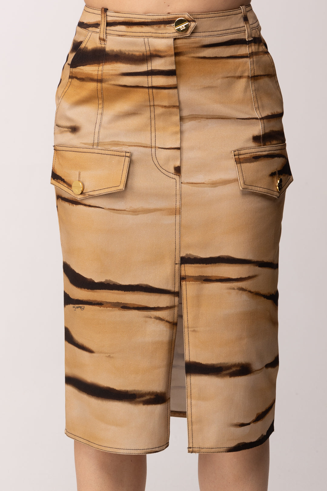 Elisabetta Franchi Gonna Tubino In Drill con Stampa Tigre GO18362E2 CAMMELLO