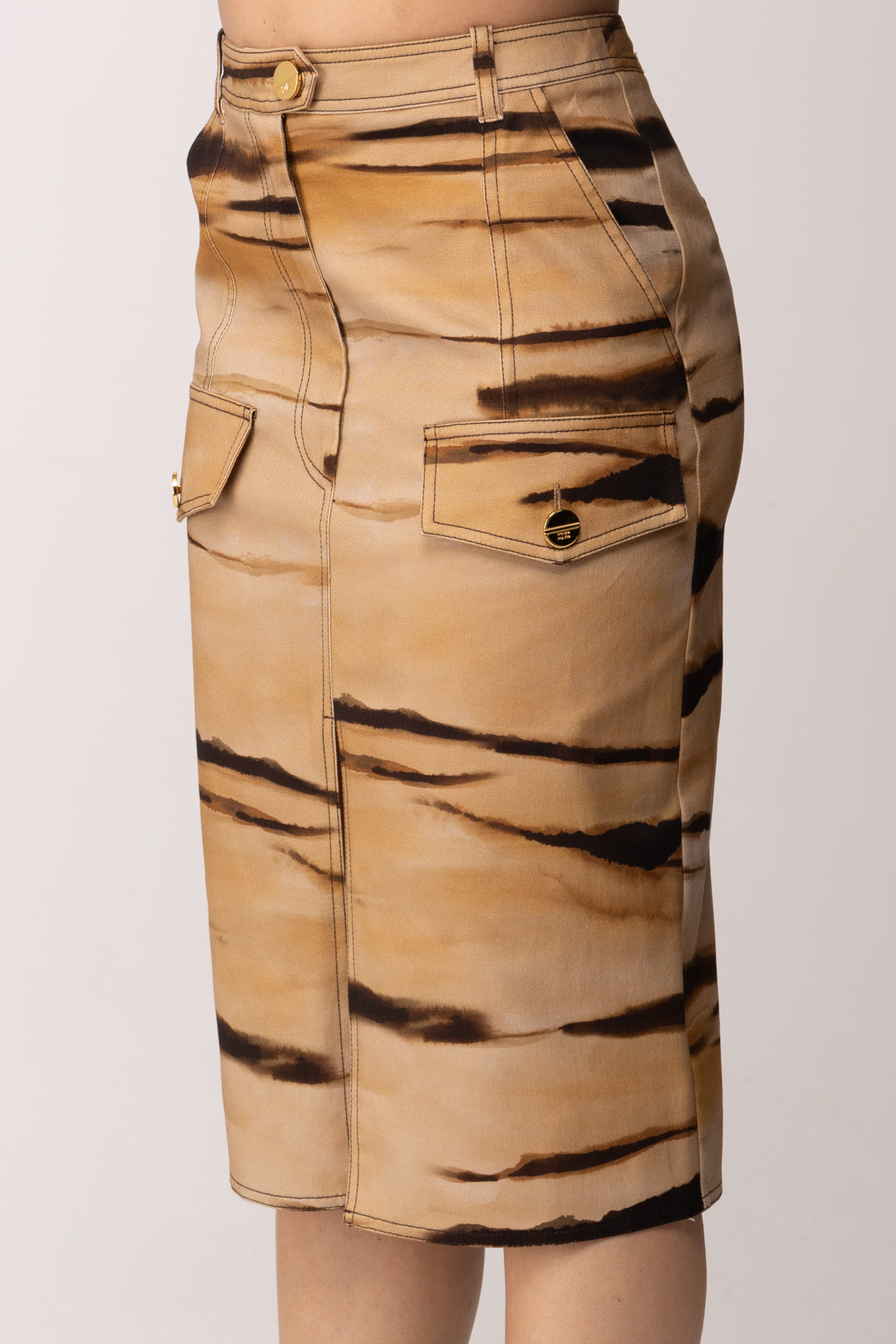 Elisabetta Franchi Gonna Tubino In Drill con Stampa Tigre GO18362E2 CAMMELLO