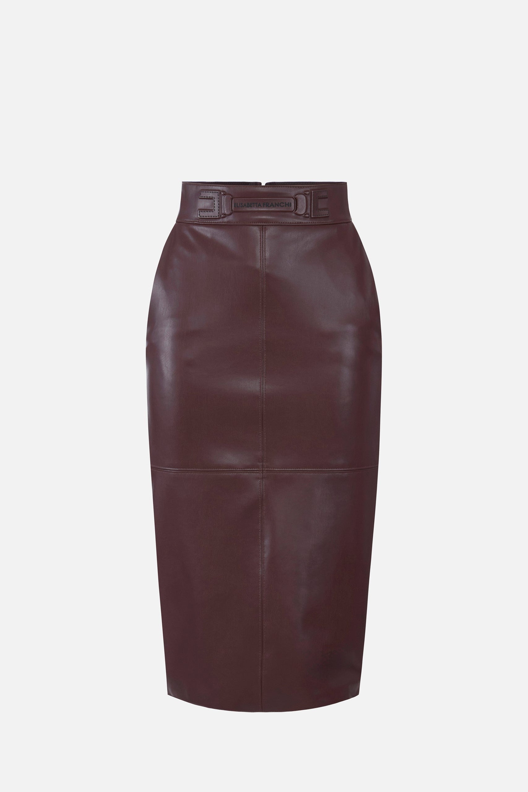 Elisabetta Franchi Gonna Tubino In Pelle con Logo Embossed GO16361E2 CACAO