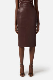 Elisabetta Franchi Gonna Tubino In Pelle con Logo Embossed GO16361E2 CACAO