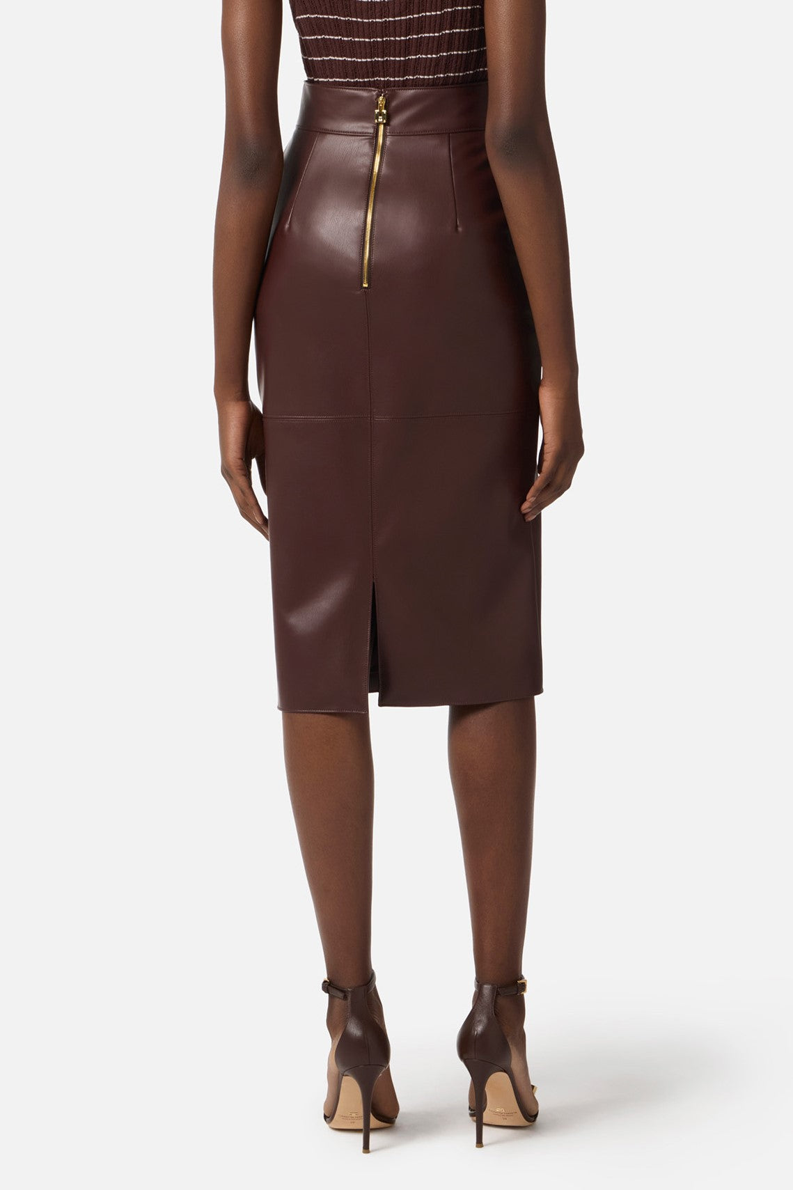 Elisabetta Franchi Gonna Tubino In Pelle con Logo Embossed GO16361E2 CACAO