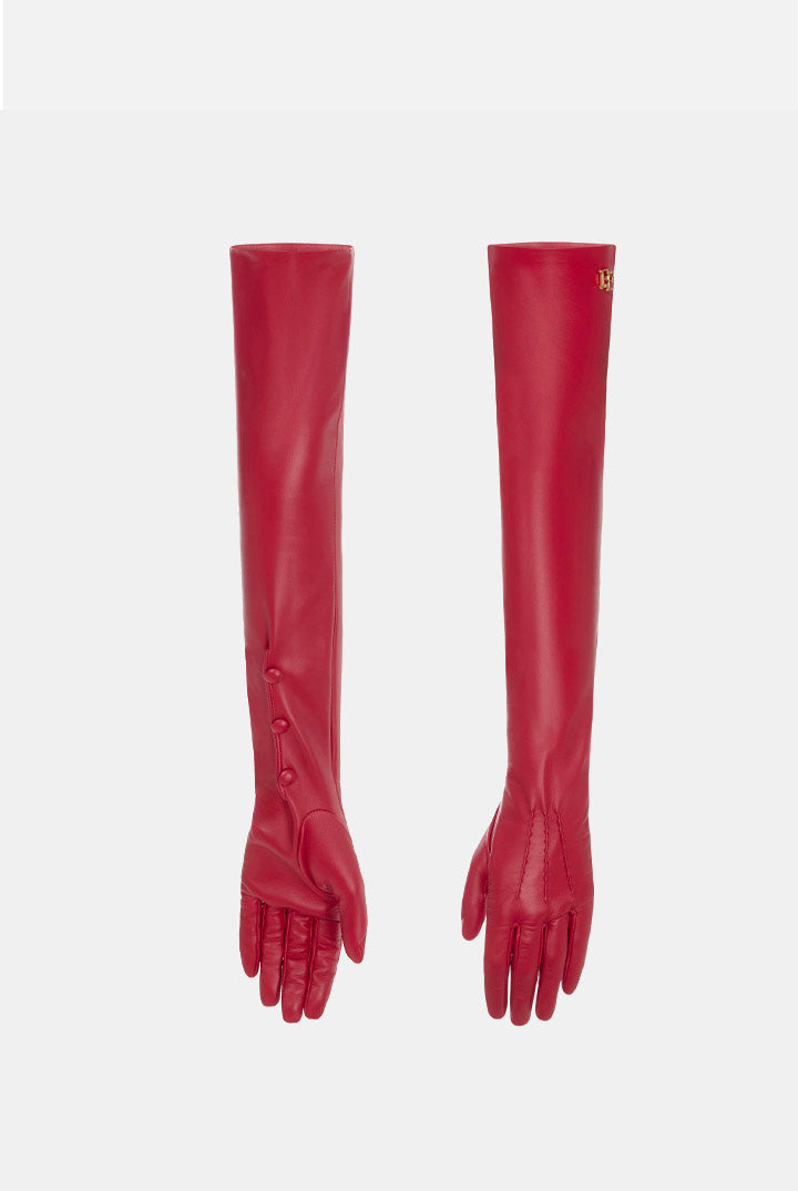 Elisabetta Franchi Guanti Lunghi In Pelle con Bottoni e Logo GU21R68E2 RED PASSION