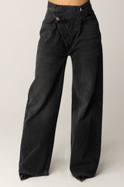 Manila Grace Jeans a Gamba Larga con Chiusura Asimmetrica J313CU BLACK DENIM