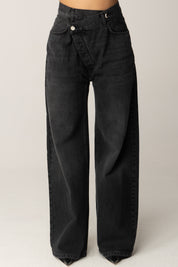 Manila Grace Jeans a Gamba Larga con Chiusura Asimmetrica J313CU BLACK DENIM