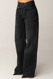 Manila Grace Jeans a Gamba Larga con Chiusura Asimmetrica J313CU BLACK DENIM