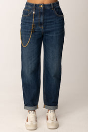 Elisabetta Franchi Jeans a Ovetto con Catena e Risvolti PJ14D56E2 BLUE DENIM