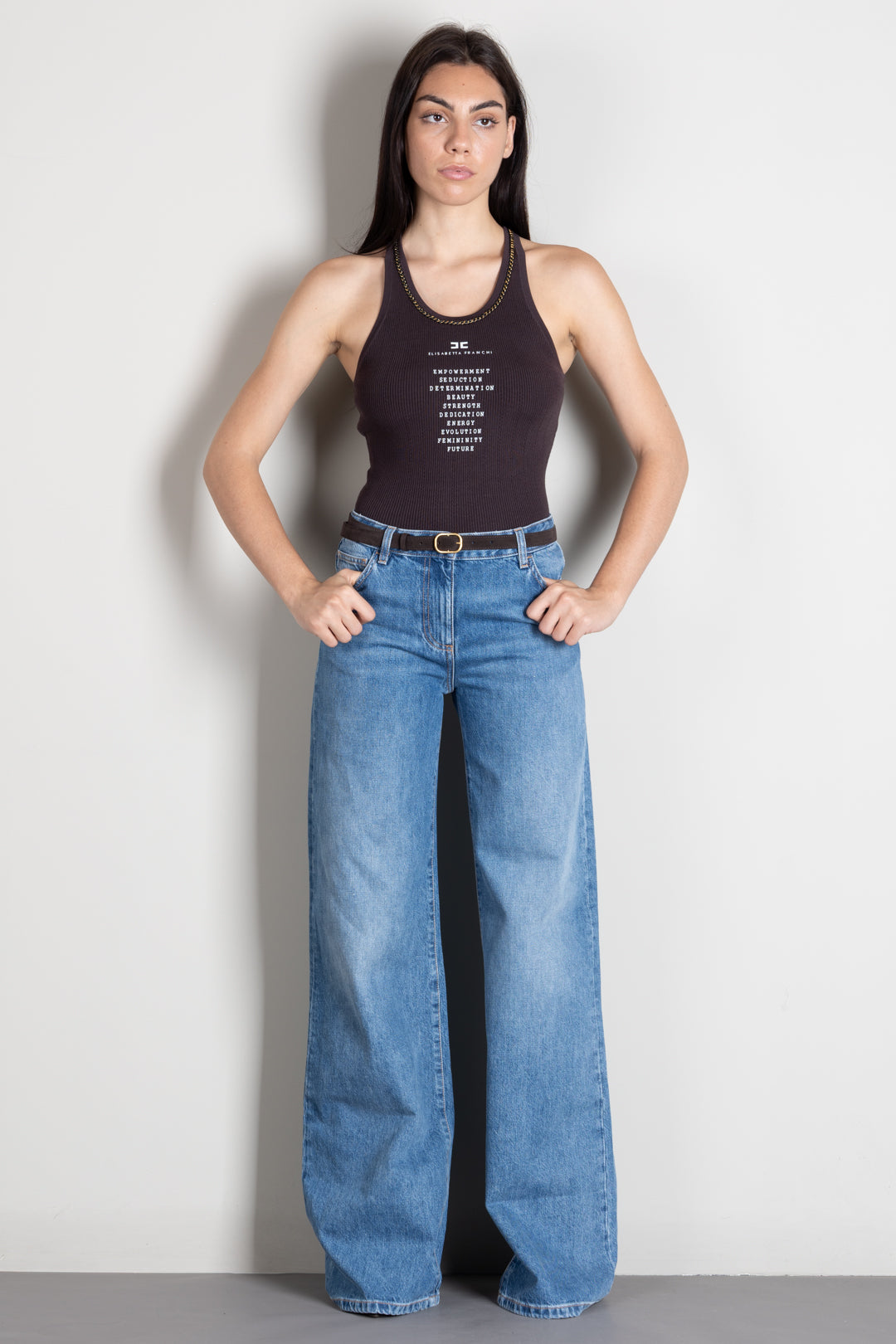 Elisabetta Franchi Jeans a Palazzo con Cintura PJ20N66E2 BLUE VINTAGE