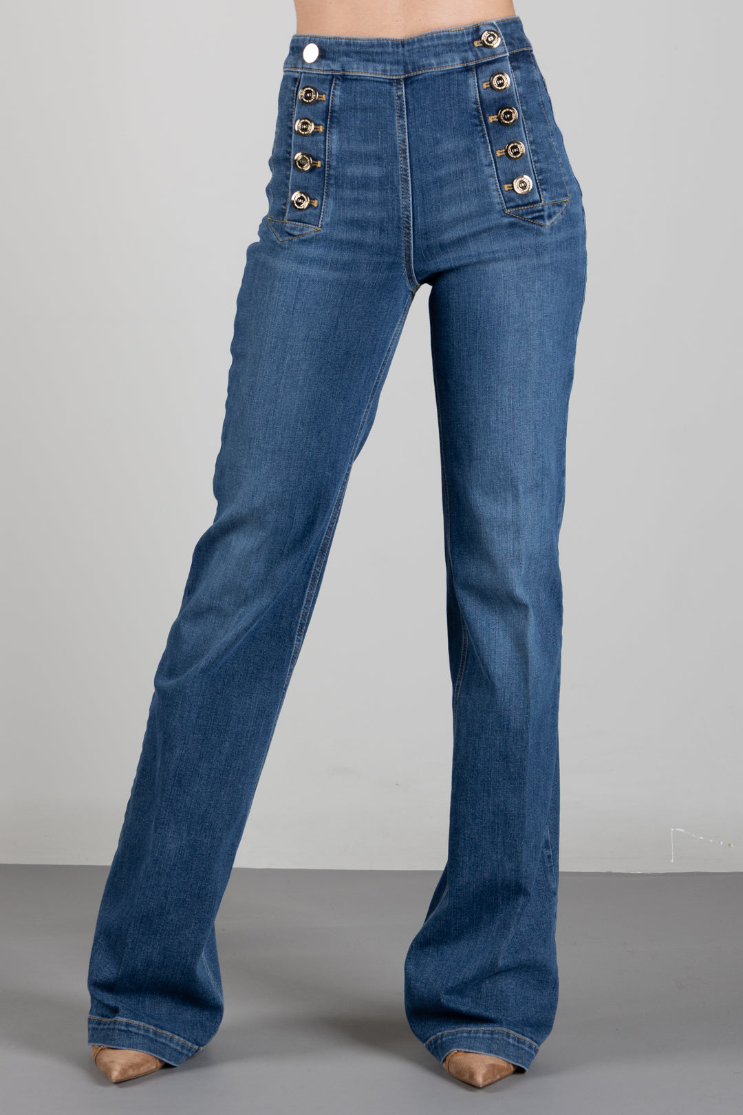 Elisabetta Franchi Jeans a Vita Alta con Bottoni Gioiello PJ44D60E2 BLUE VINTAGE