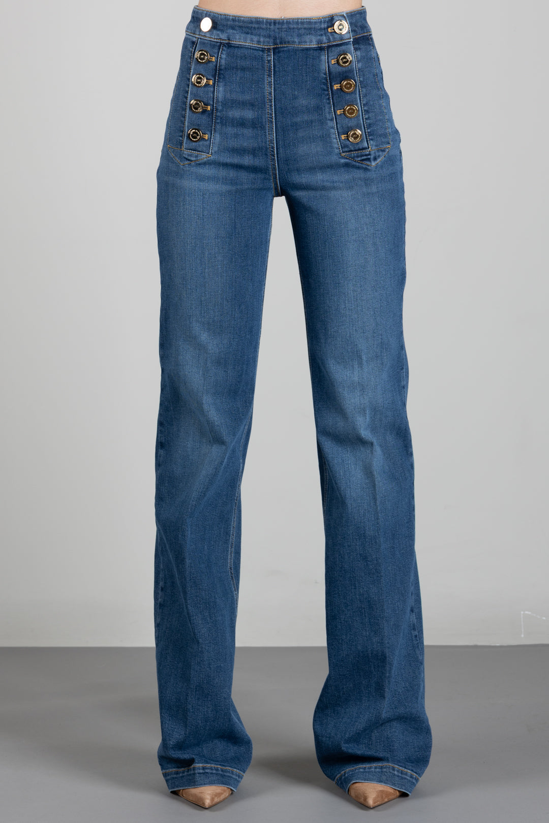 Elisabetta Franchi Jeans a Vita Alta con Bottoni Gioiello PJ44D60E2 BLUE VINTAGE