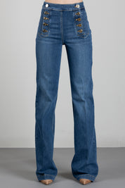 Elisabetta Franchi Jeans a Vita Alta con Bottoni Gioiello PJ44D60E2 BLUE VINTAGE