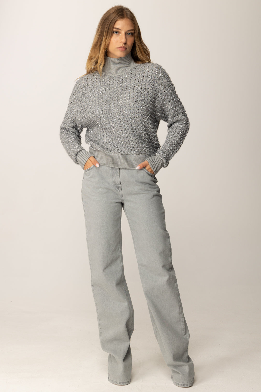 Elisabetta Franchi Jeans a Vita Doppia con Logo Ricamato PJ11D56E2 LIGHT GREY