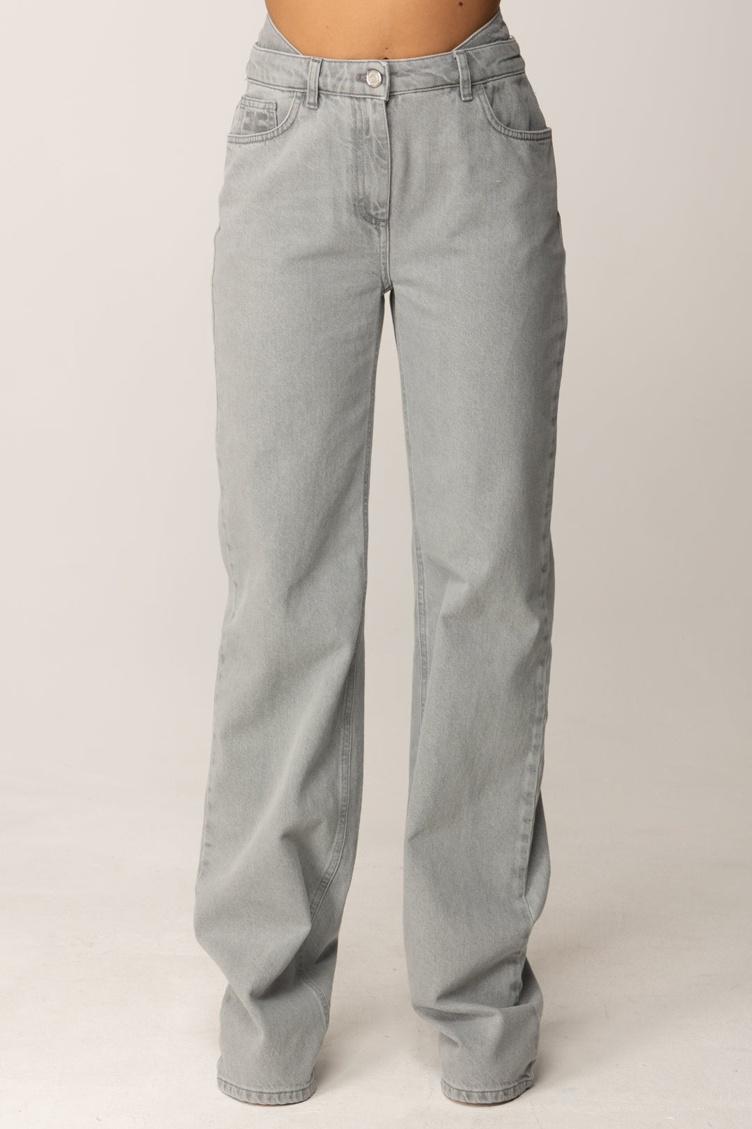 Elisabetta Franchi Jeans a Vita Doppia con Logo Ricamato PJ11D56E2 LIGHT GREY