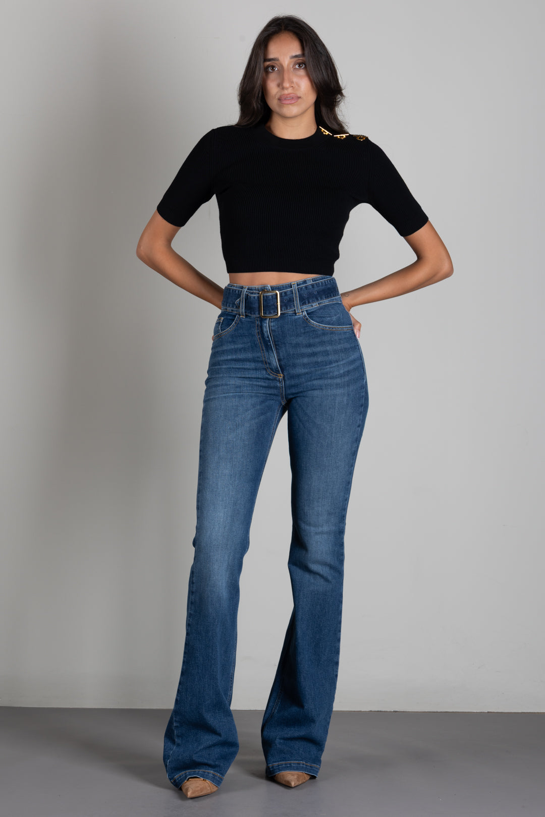 Elisabetta Franchi Jeans a Zampa con Cintura Denim PJ13D66E2 BLUE DENIM