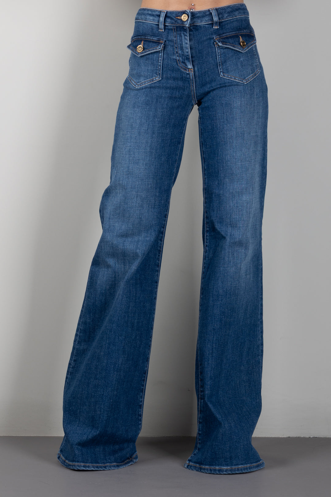 Elisabetta Franchi Jeans a Zampa con Taschini PJ18N66E2 BLUE VINTAGE