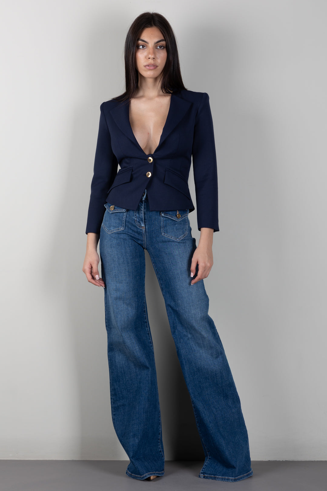 Elisabetta Franchi Jeans a Zampa con Taschini PJ18N66E2 BLUE VINTAGE