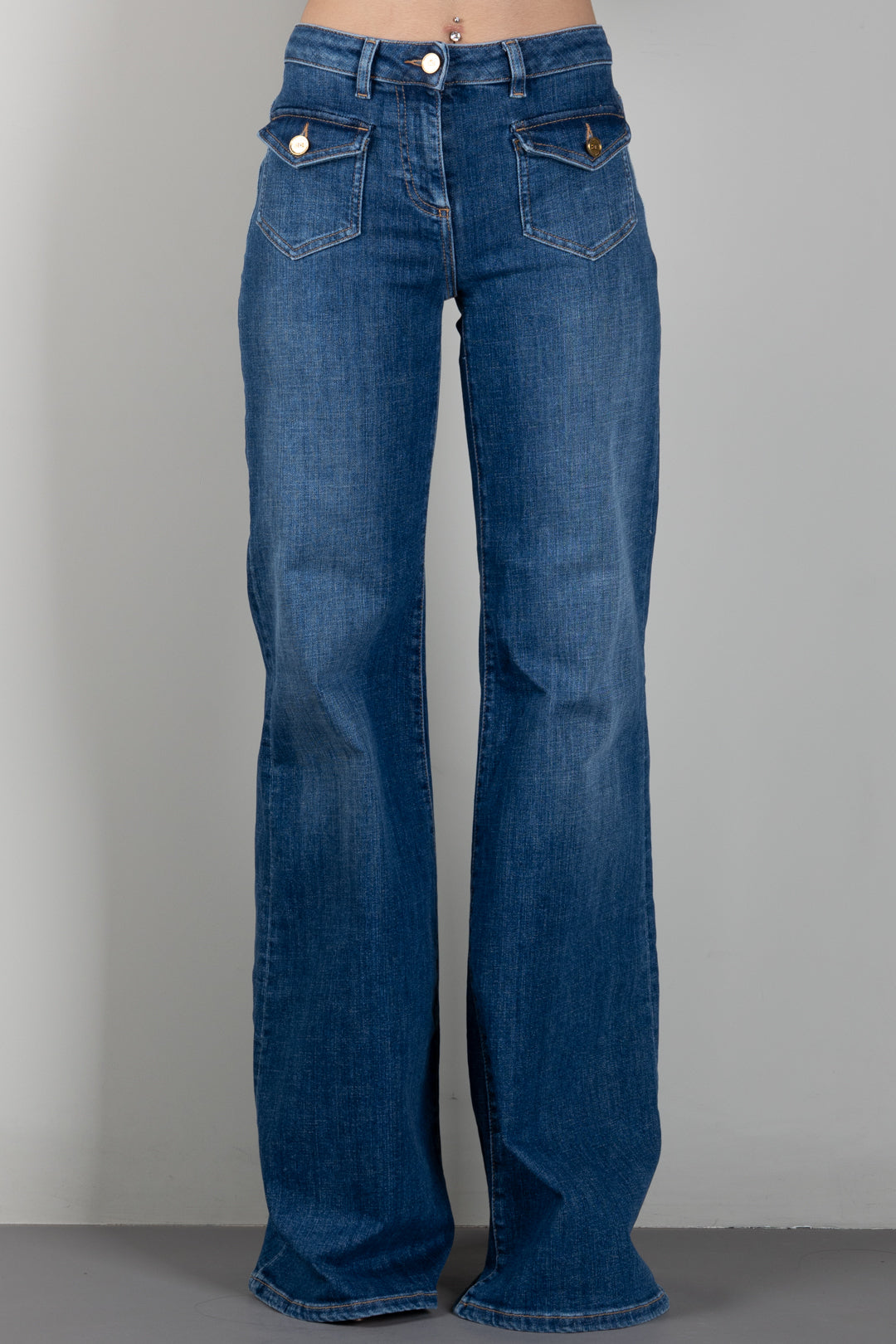 Elisabetta Franchi Jeans a Zampa con Taschini PJ18N66E2 BLUE VINTAGE