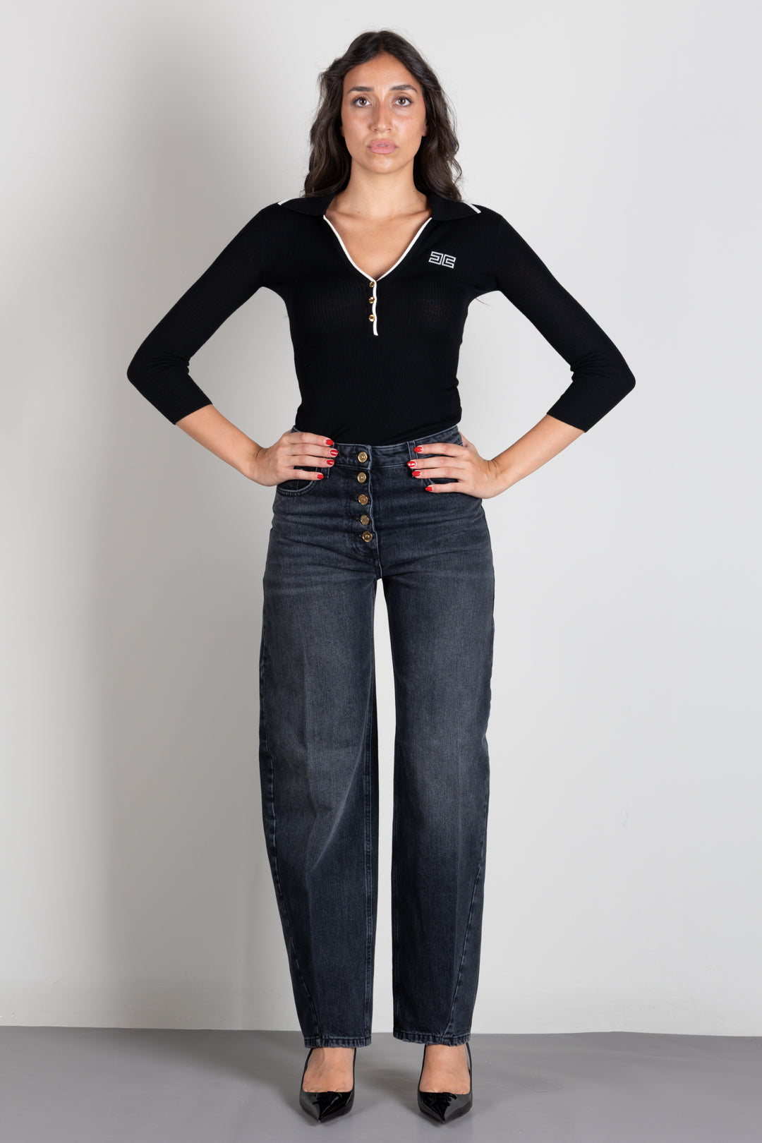 Elisabetta Franchi Jeans Balloon con Bottoni Gioiello Metallo Dorato PJ10D66E2 VINTAGE BLACK