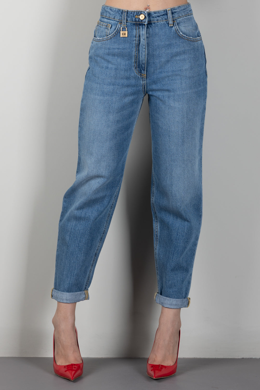 Elisabetta Franchi Jeans Boyfriend con Risvolto e Placca Logo PJ14D66E2 BLUE VINTAGE