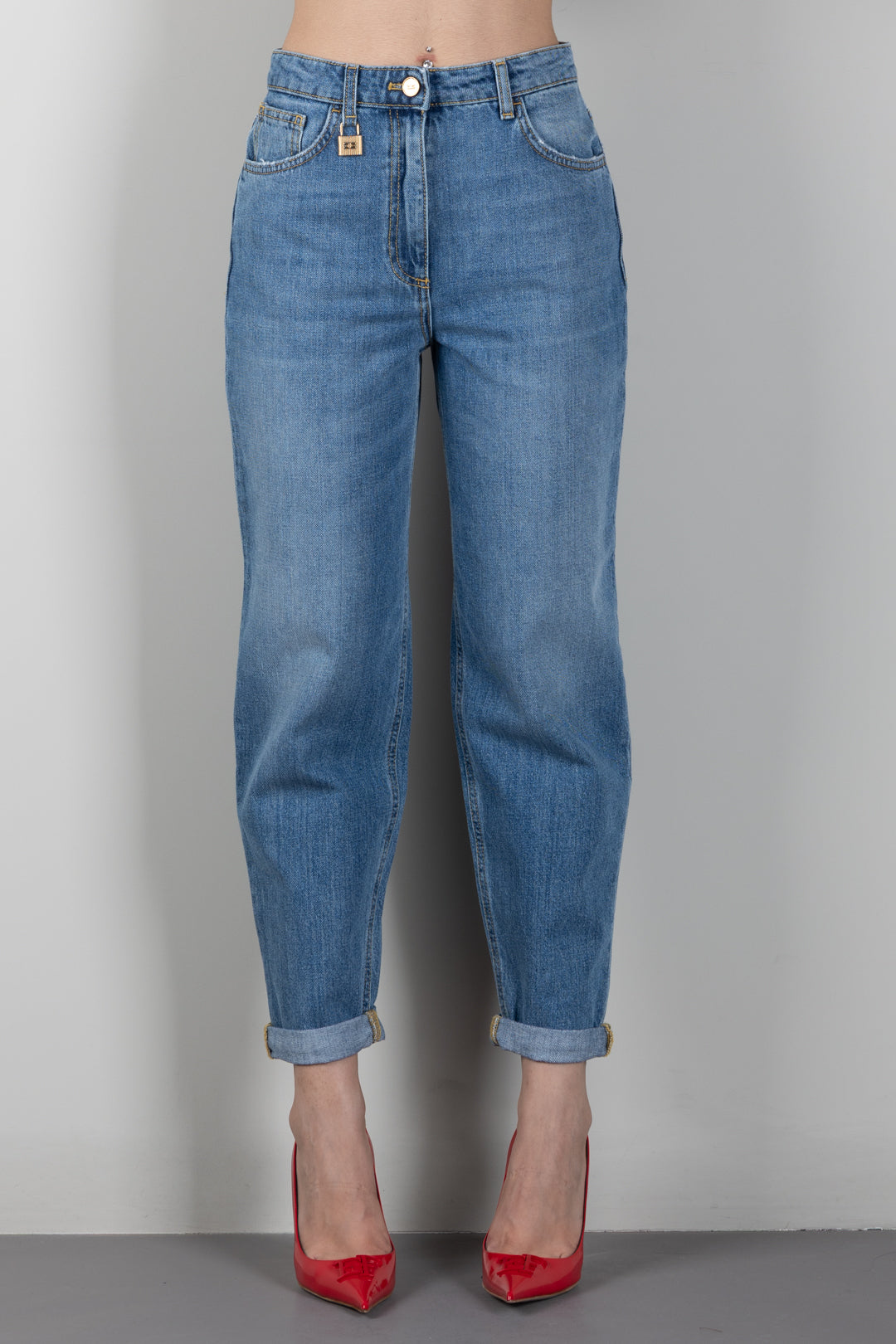 Elisabetta Franchi Jeans Boyfriend con Risvolto e Placca Logo PJ14D66E2 BLUE VINTAGE
