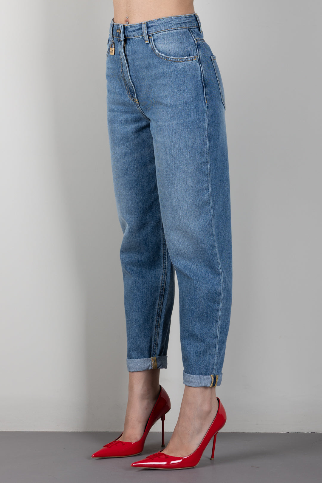 Elisabetta Franchi Jeans Boyfriend con Risvolto e Placca Logo PJ14D66E2 BLUE VINTAGE