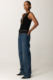 Elisabetta Franchi Jeans con Inserto In Crepe In Vita PJ10N56E2 BLUE DENIM/NERO