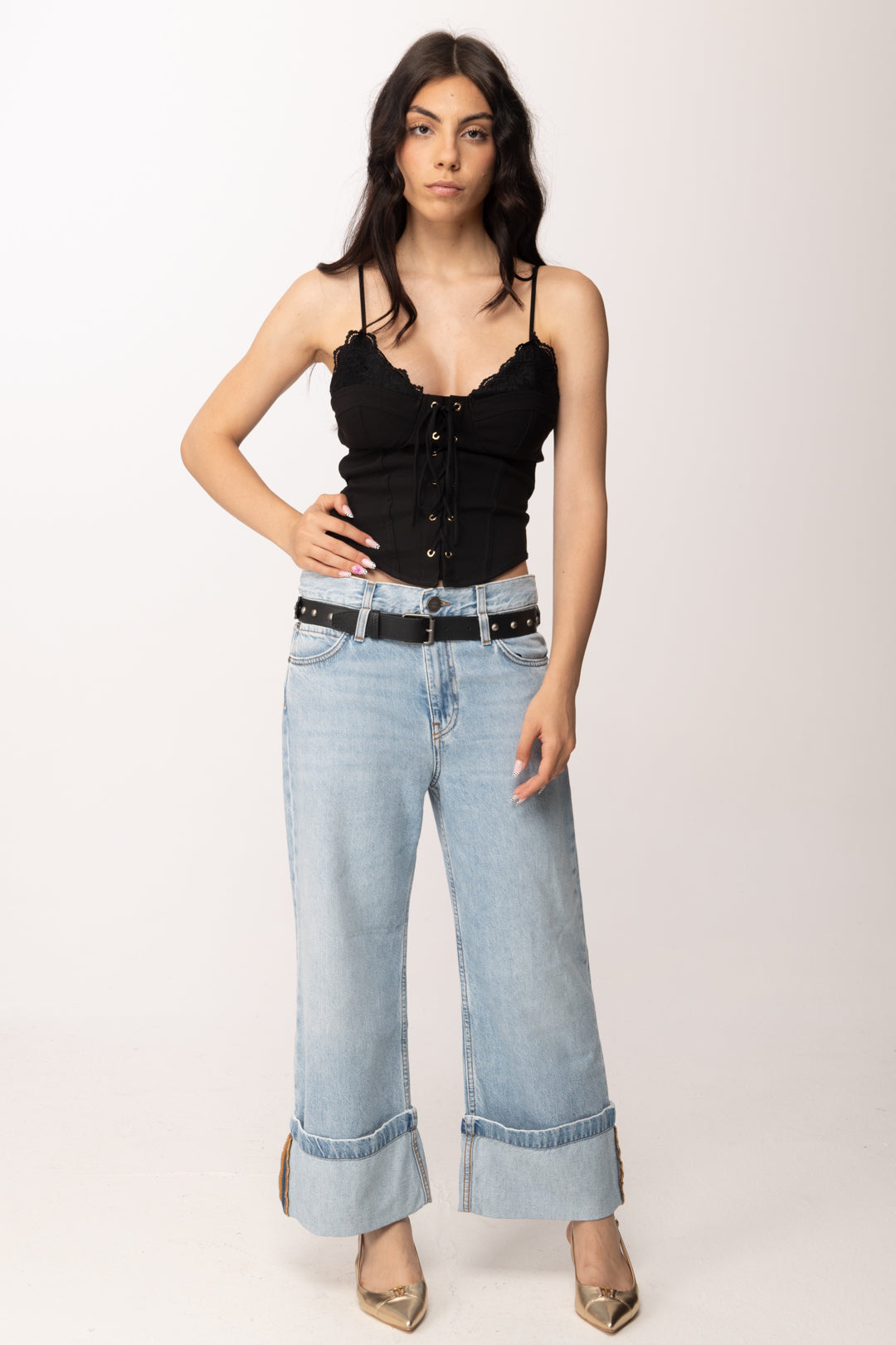 Pinko Jeans Cropped con Cintura In Pelle Pinko 106385 A34T PJO