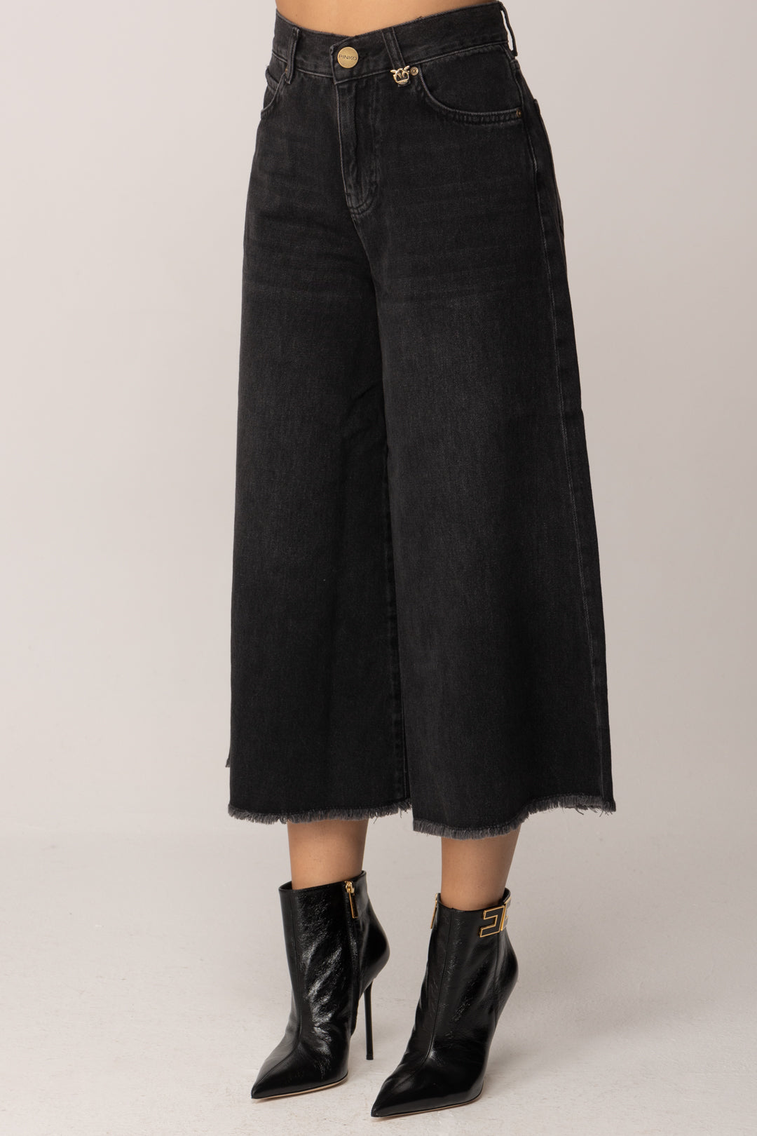 Pinko Jeans Culotte a Vita Alta con Fondo Sfrangiato LAVAGGIO BLACK SCURO