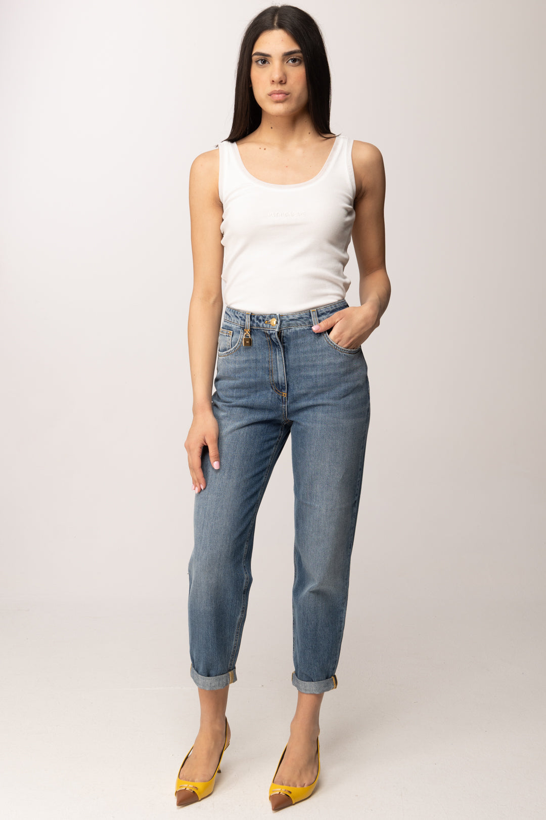 Elisabetta Franchi Jeans Dritti In Denim con Charm Logo PJ27D61E2 BLUE VINTAGE