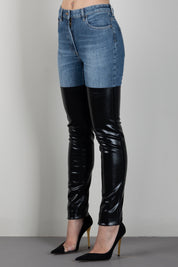 Elisabetta Franchi Jeans In Denim con Inserti Effetto Pelle PJ15I66E2 BLUE VINTAGE/NERO