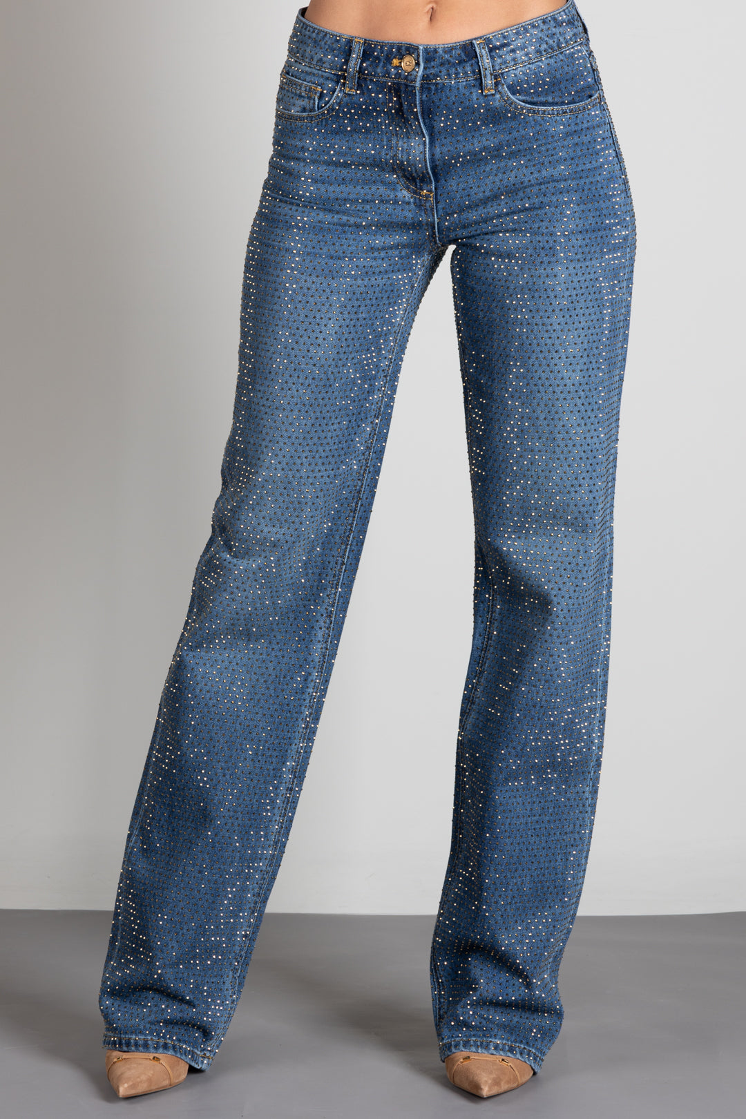 Elisabetta Franchi Jeans Palazzo a Vita Bassa Full Strass PJ24D66E2 BLUE VINTAGE