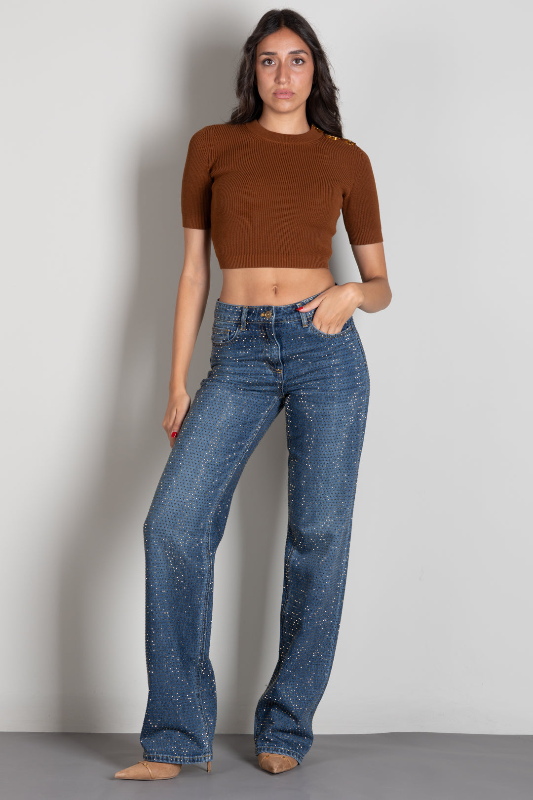 Elisabetta Franchi Jeans Palazzo a Vita Bassa Full Strass PJ24D66E2 BLUE VINTAGE