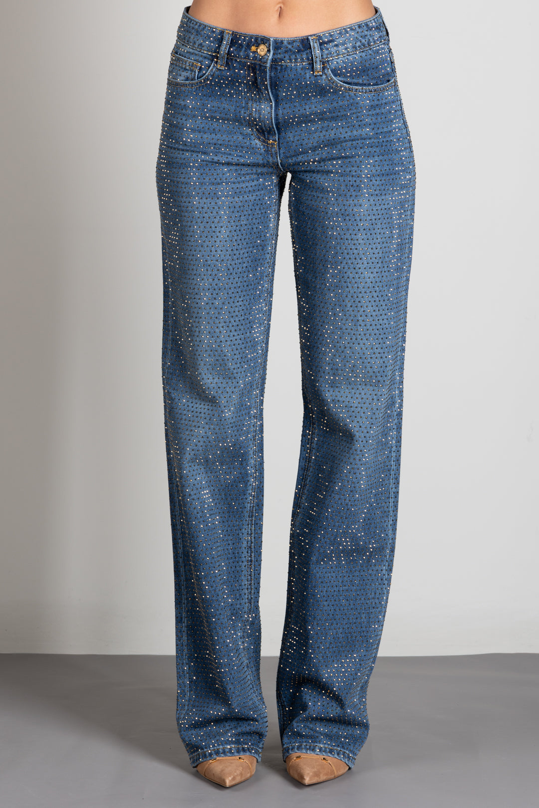 Elisabetta Franchi Jeans Palazzo a Vita Bassa Full Strass PJ24D66E2 BLUE VINTAGE