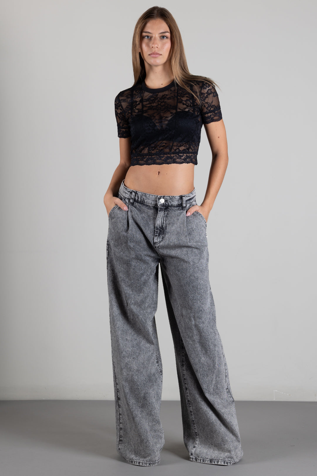 Patrizia Pepe Jeans Palazzo con Applicazioni Luminose 8P0000 D0000 GREY WASHED DENIM