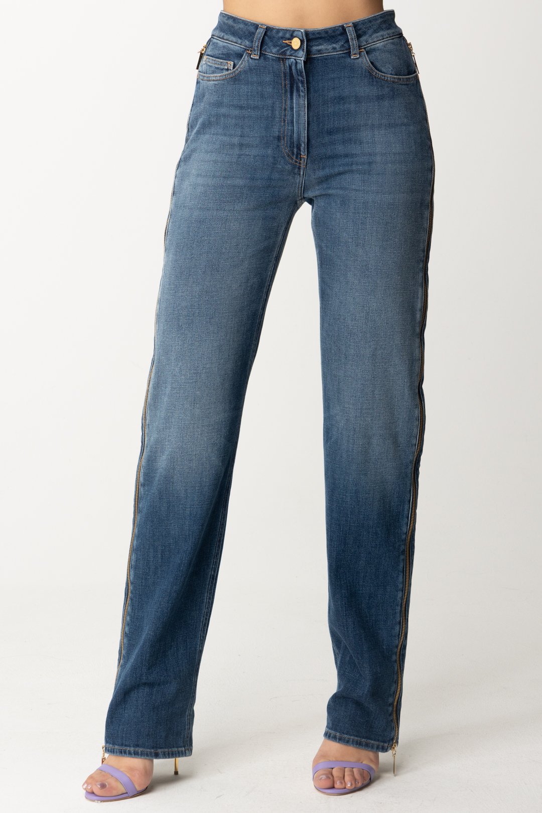 Elisabetta Franchi Jeans Palazzo con Maxi Zip Laterali PJ46I41E2 BLUE DENIM