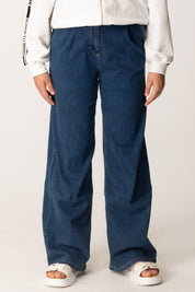 Elisabetta Franchi Bambina Jeans Palazzo con Pinces Ed Etichetta Ricamata DARK BLUE DENIM