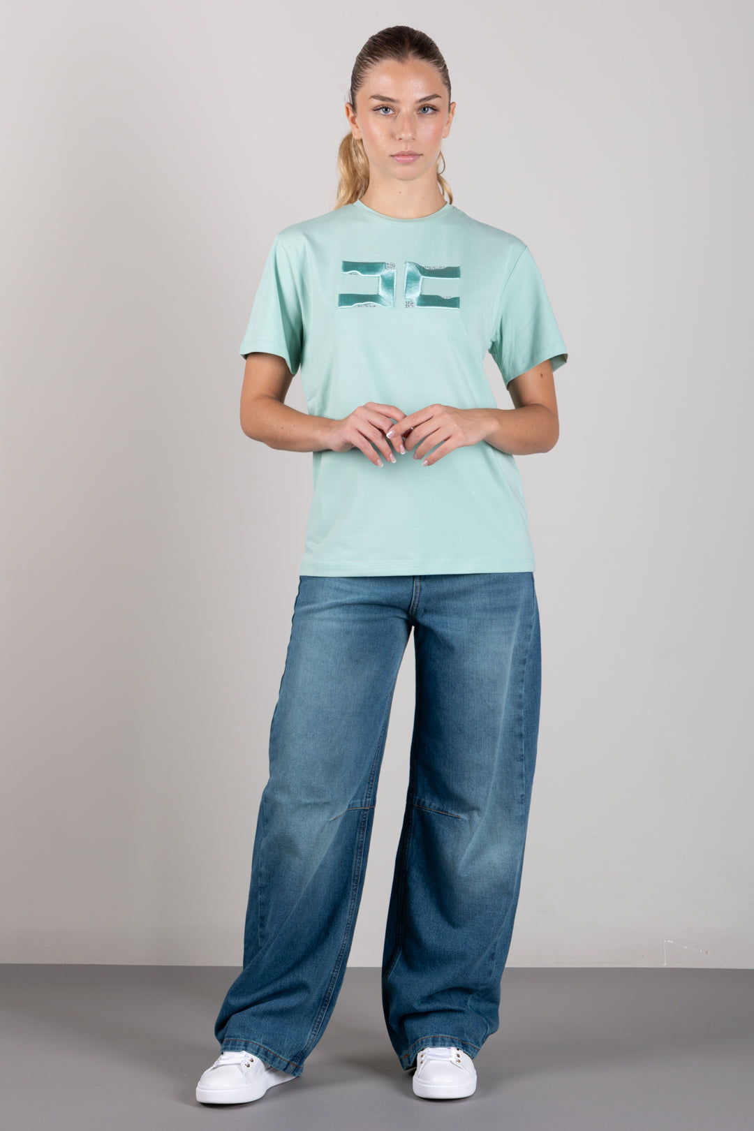 Elisabetta Franchi Bambina Jeans Palazzo con Pinces Ed Etichetta Ricamata EFPA323CDF011.4350