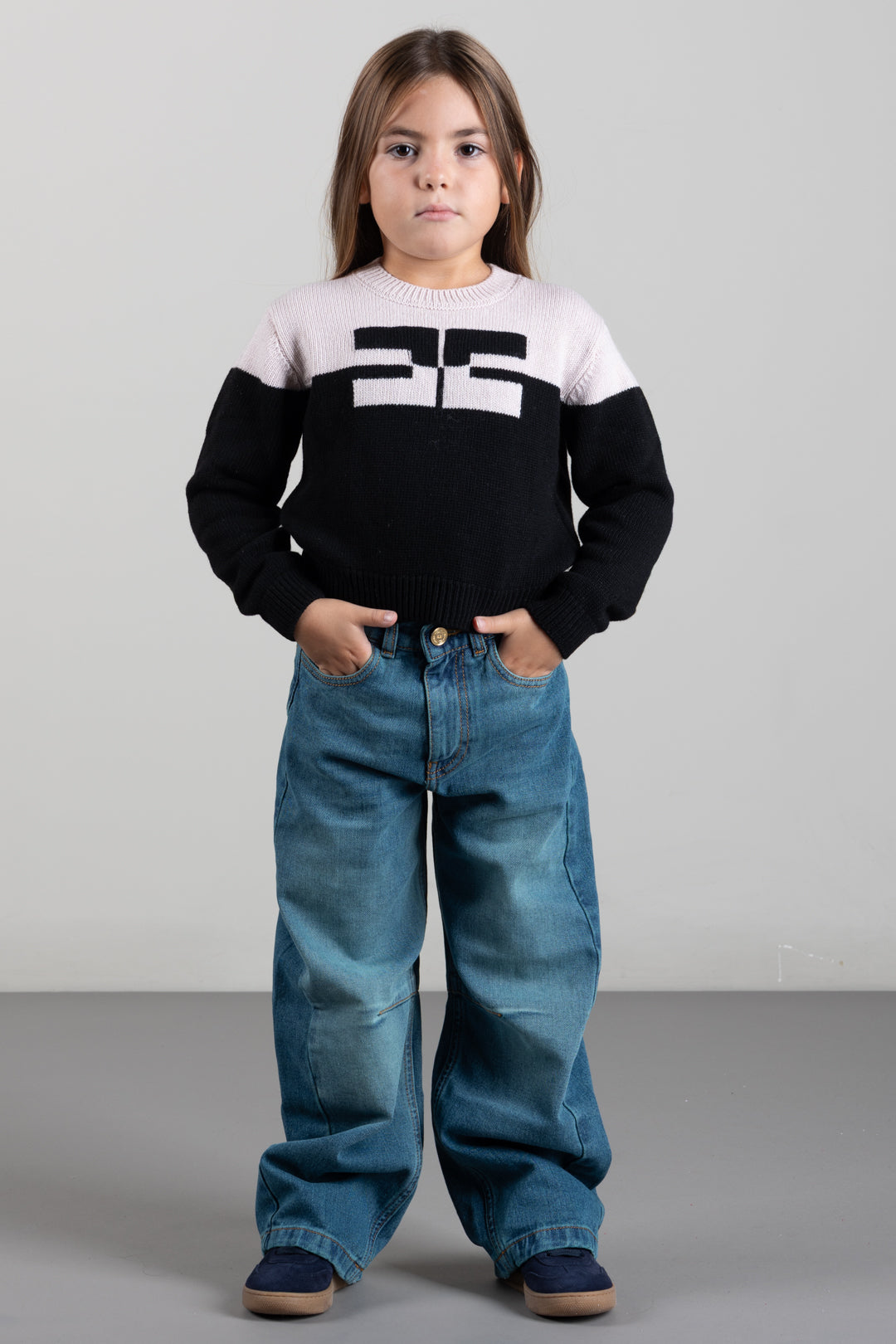 Elisabetta Franchi Bambina Jeans Palazzo con Pinces Ed Etichetta Ricamata EFPA323CDF011.4350