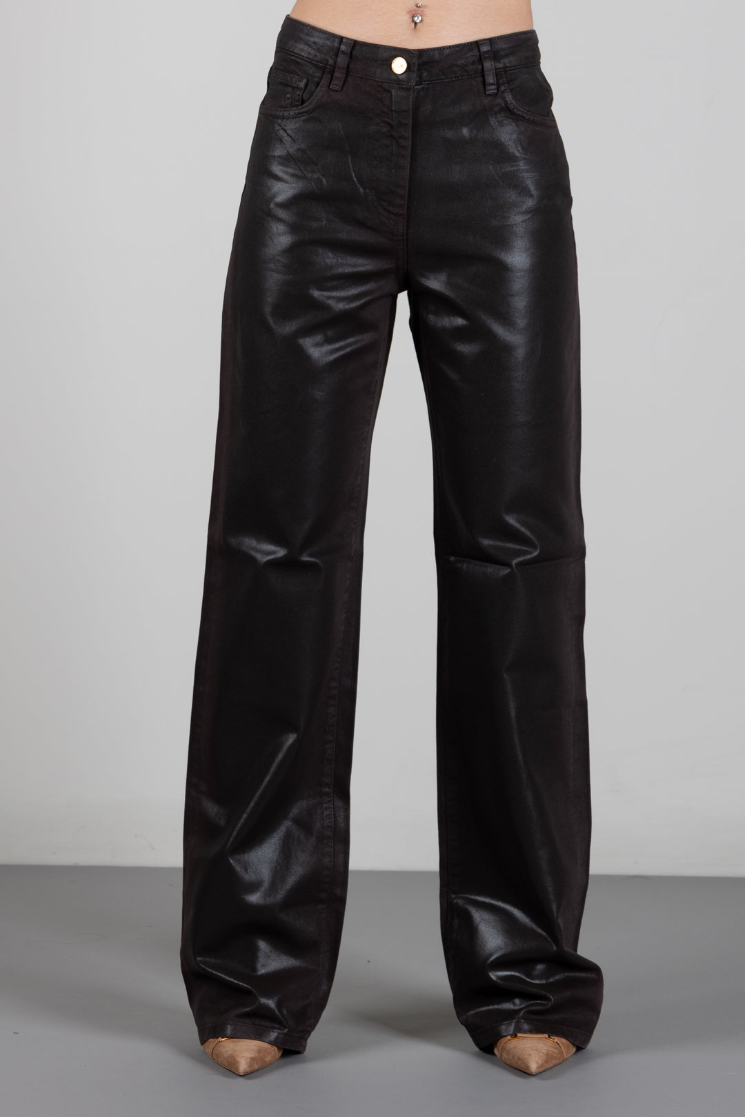 Elisabetta Franchi Jeans Palazzo Spalmati con Bottone Logo PJ26N66E2 DARK CHOCOLATE