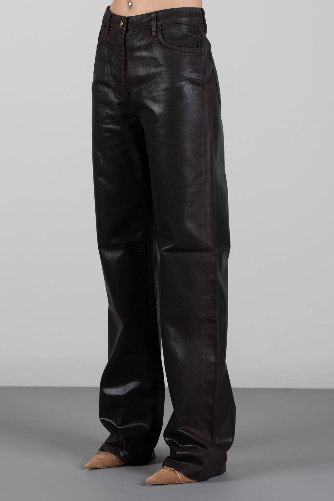 Elisabetta Franchi Jeans Palazzo Spalmati con Bottone Logo PJ26N66E2 DARK CHOCOLATE