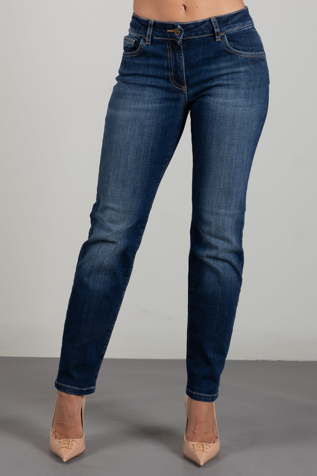 Elisabetta Franchi Jeans Slim con Logo Ricamato PJ25N66E2 BLUE VINTAGE