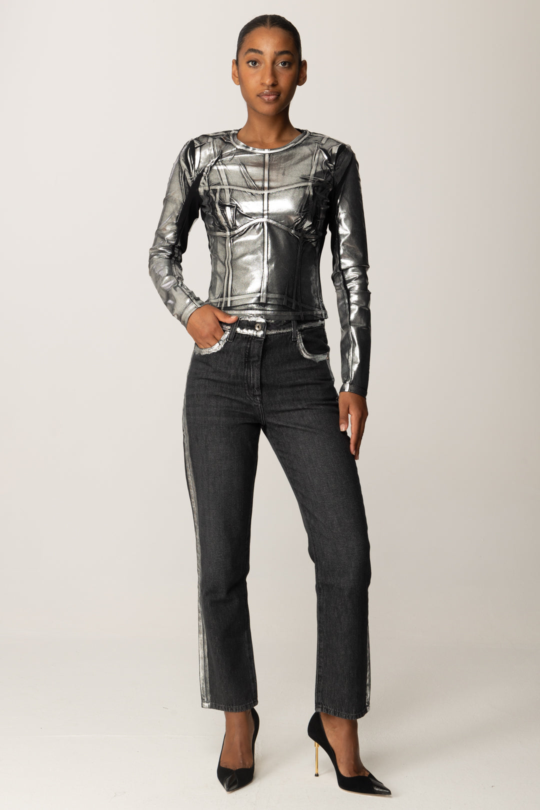 Patrizia Pepe Jeans Slim Fit con Dettagli Metallizzati 8P0735 D1WZN WASHD BLACK&SILVER