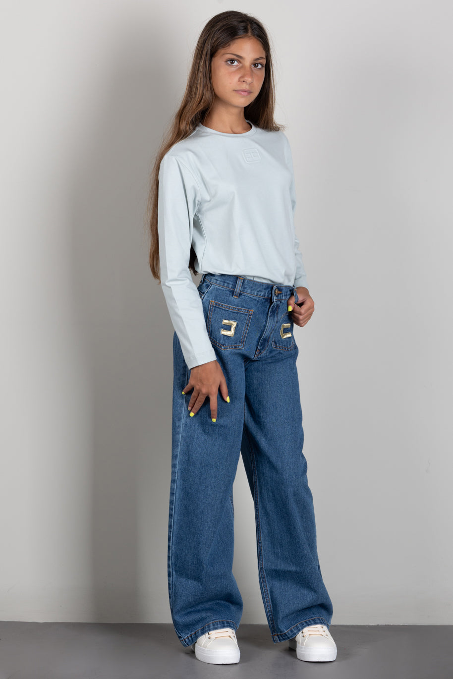 Elisabetta Franchi Bambina Jeans Wide Leg con Patch Logo EFPA325CDF011.4039