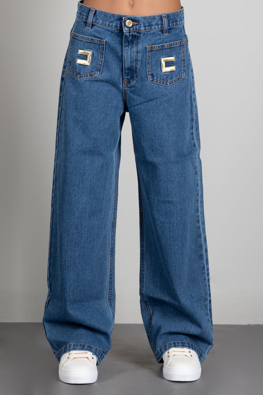 Elisabetta Franchi Bambina Jeans Wide Leg con Patch Logo EFPA325CDF011.4039