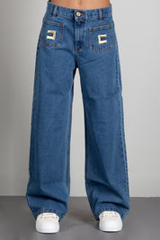 Elisabetta Franchi Bambina Jeans Wide Leg con Patch Logo EFPA325CDF011.4039