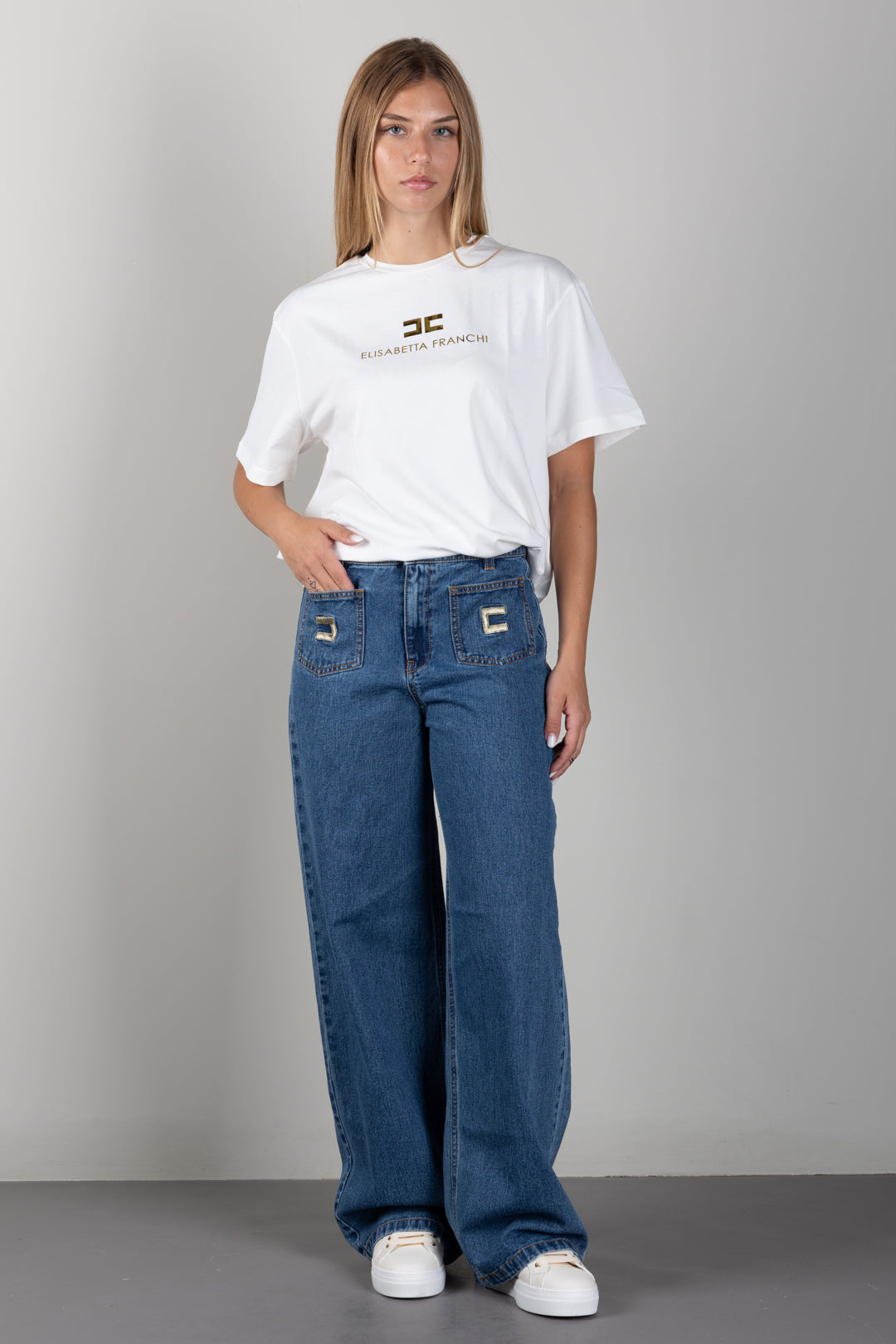 Elisabetta Franchi Bambina Jeans Wide Leg con Patch Logo EFPA325CDF011.4039