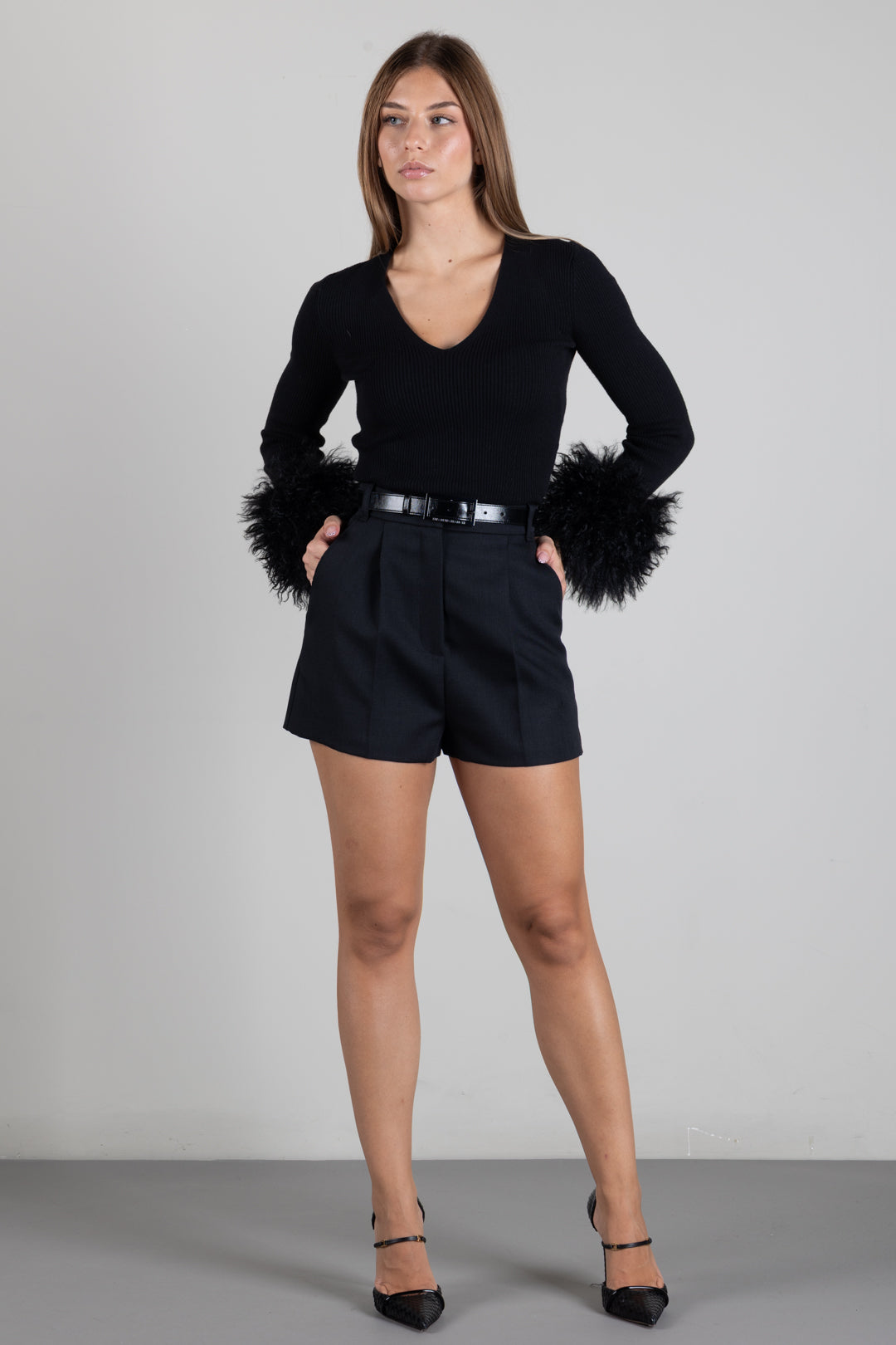 Twin-set Maglia a Coste con Polsi In Faux Fur 262TT3261 NERO