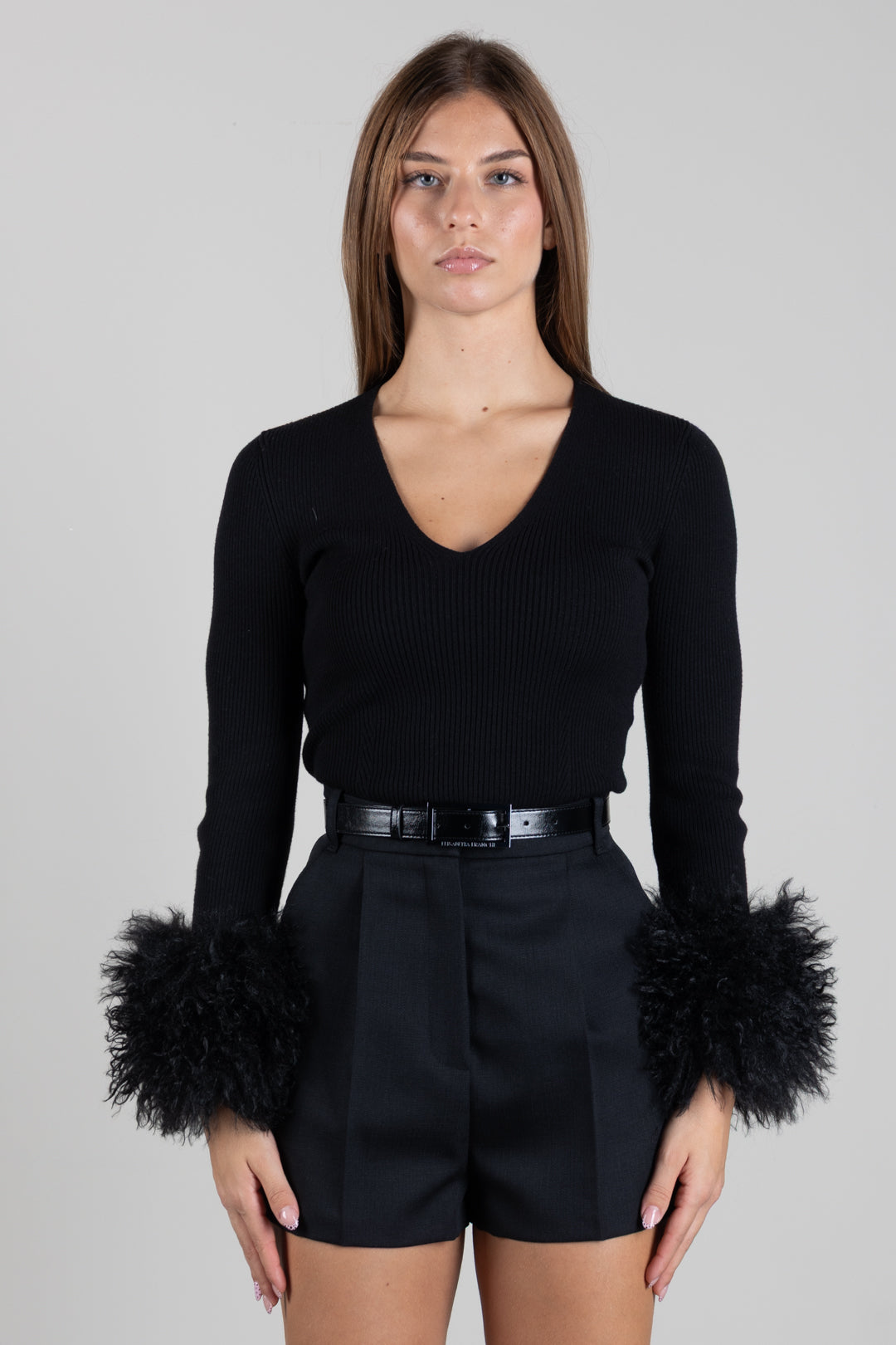 Twin-set Maglia a Coste con Polsi In Faux Fur 262TT3261 NERO