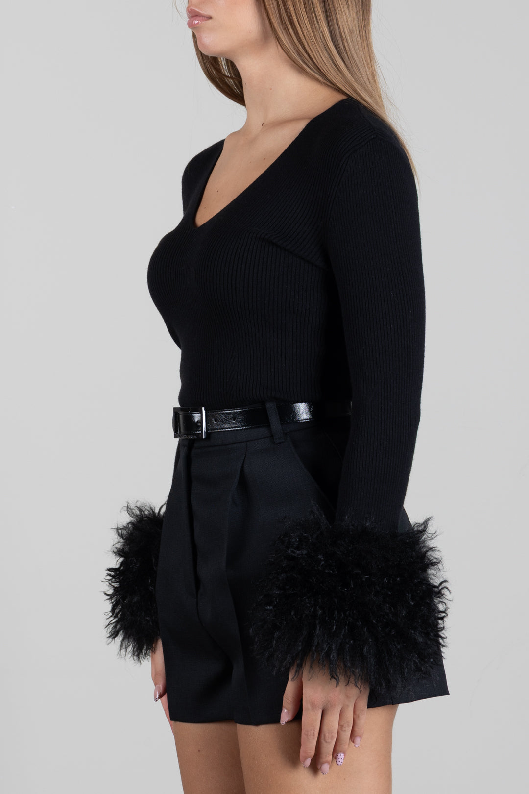 Twin-set Maglia a Coste con Polsi In Faux Fur 262TT3261 NERO