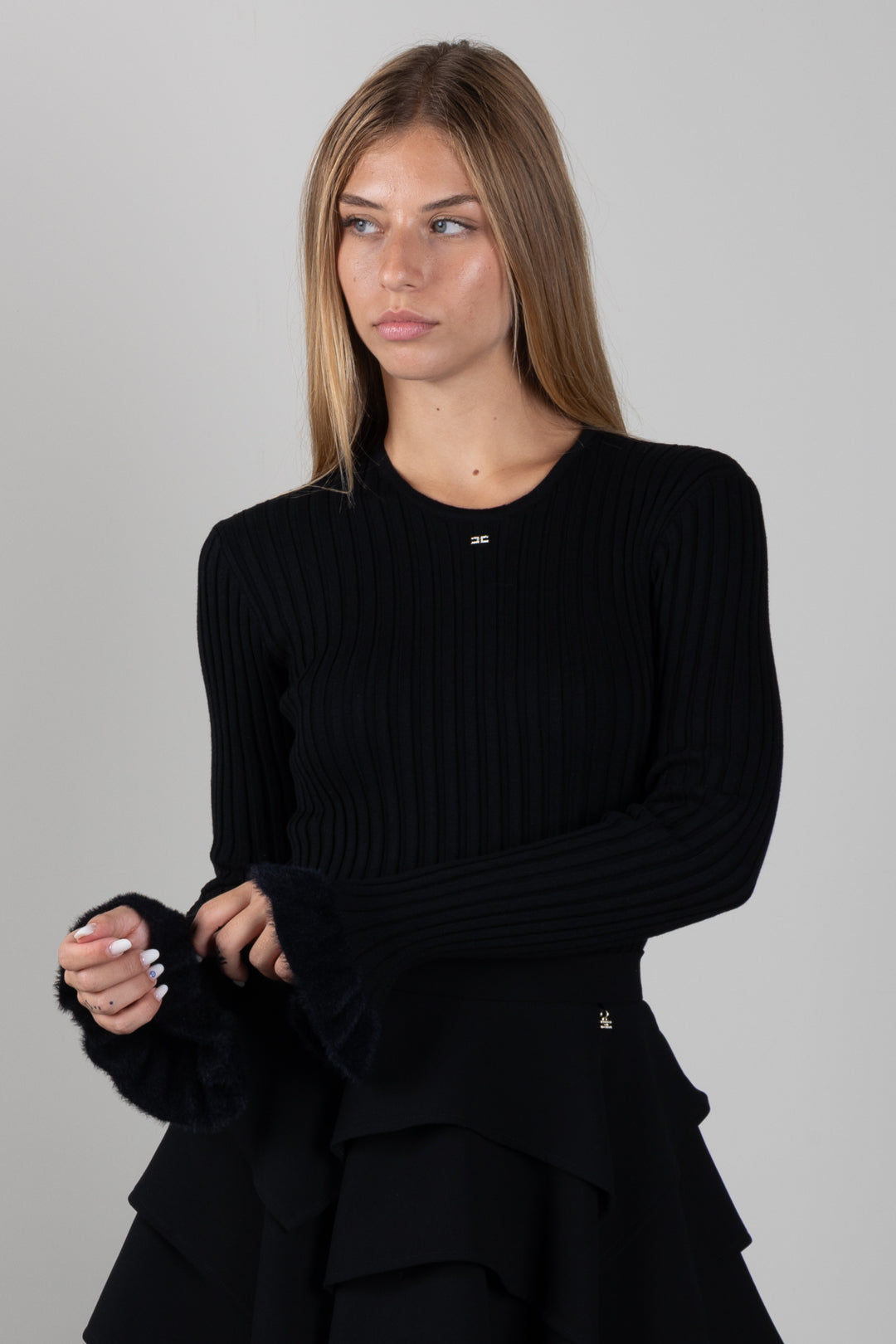 Elisabetta Franchi Bambina Maglia a Coste con Polsini Effetto Pelliccia EFMA214CFL040.N000