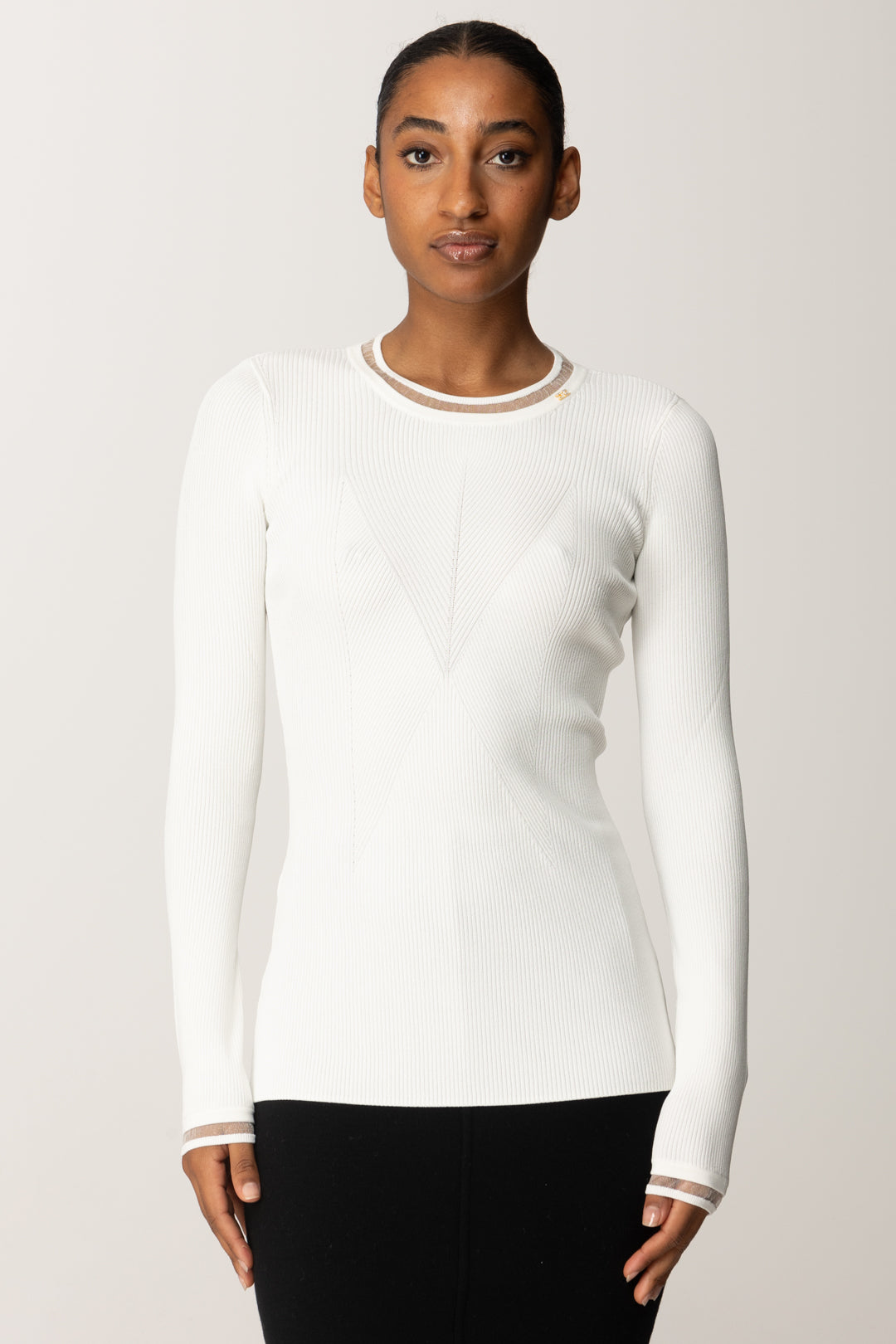 Elisabetta Franchi Maglia a Costine con Bordi In Nylon MK13B56E2 AVORIO